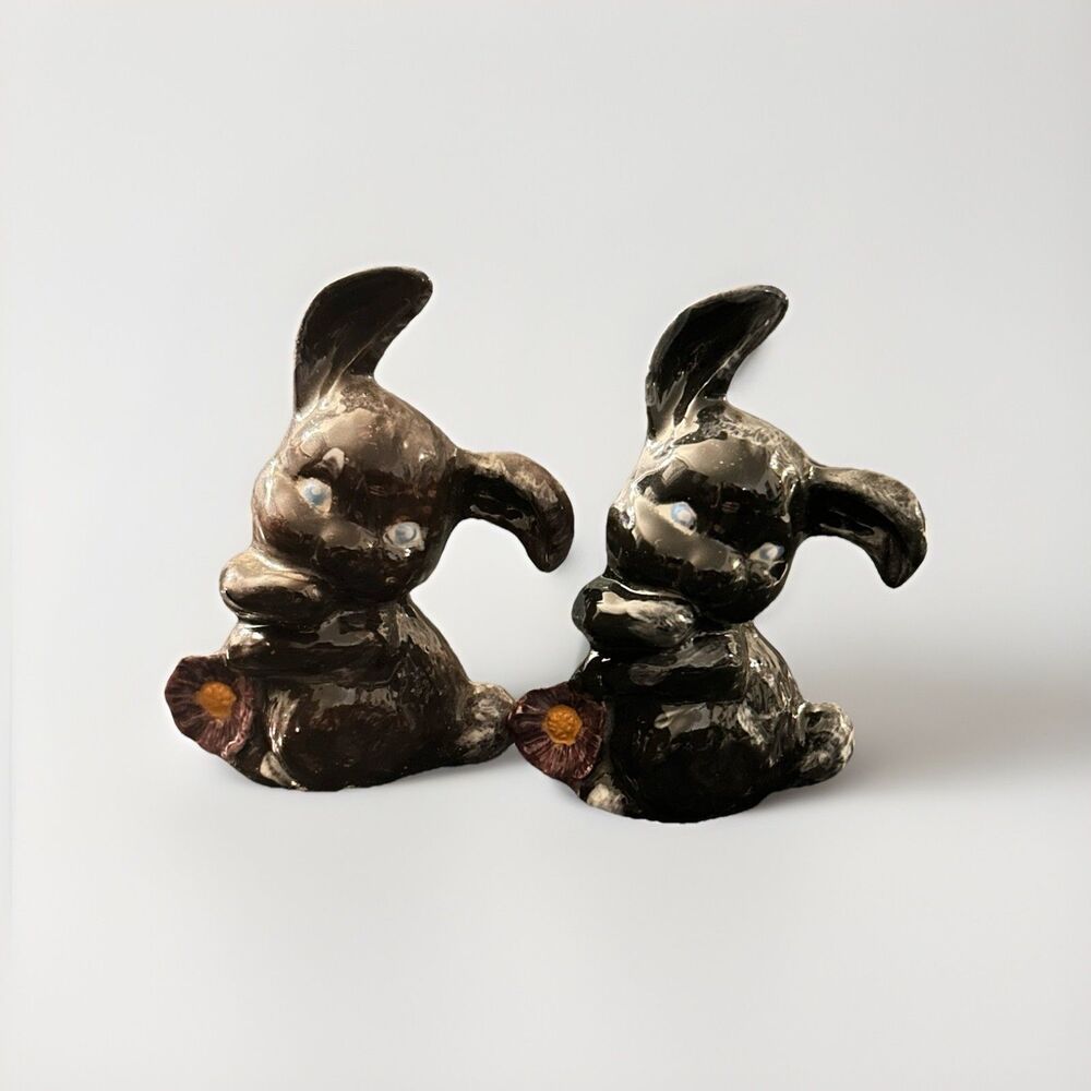 Vtg Set Of 2 Ceramic Bunny Rabbits One Brown One Black